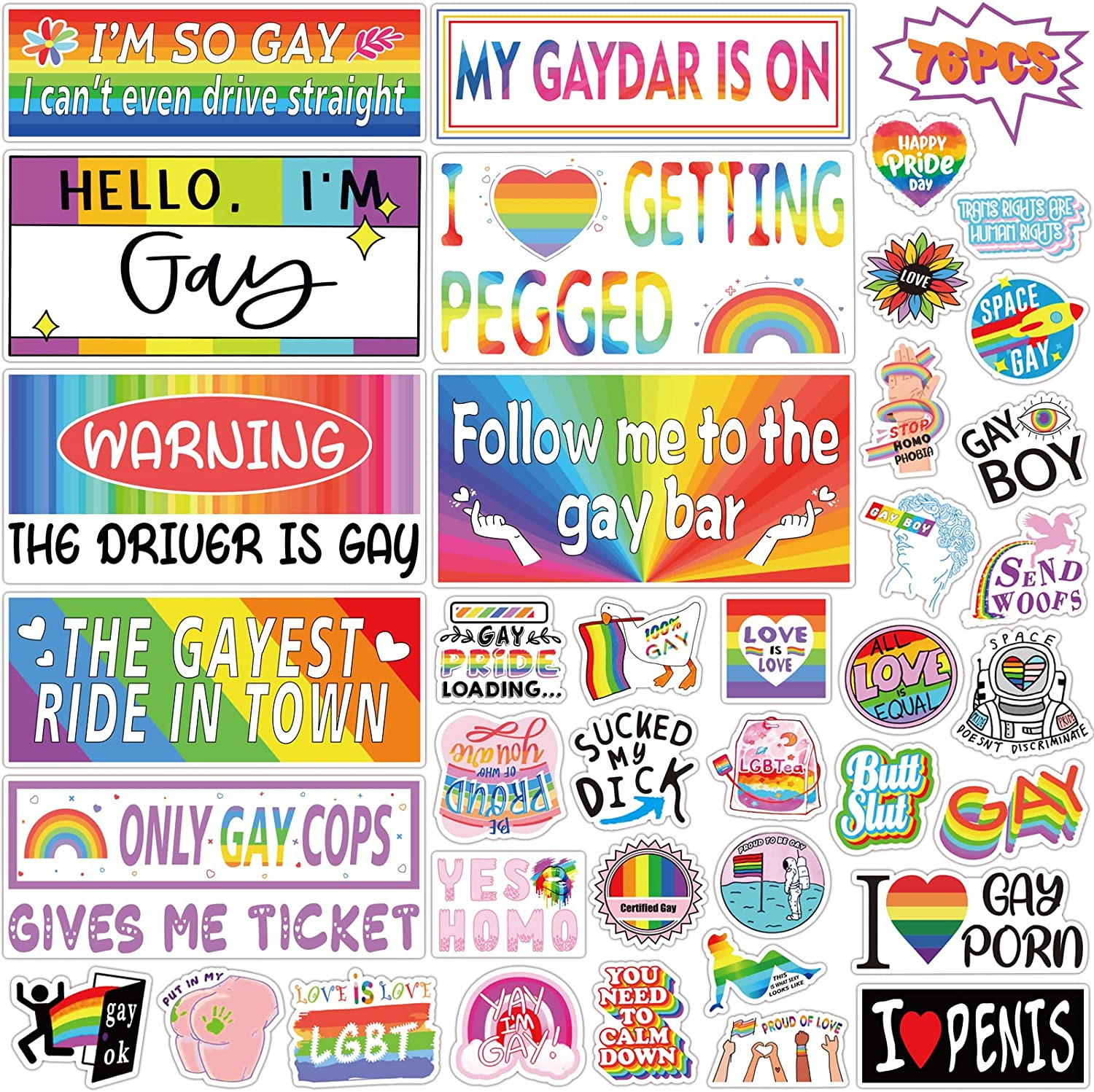 76 PCS Original Funny Prank Bumper Stickers, Funny LGBT Gay Stickers for Vehicle