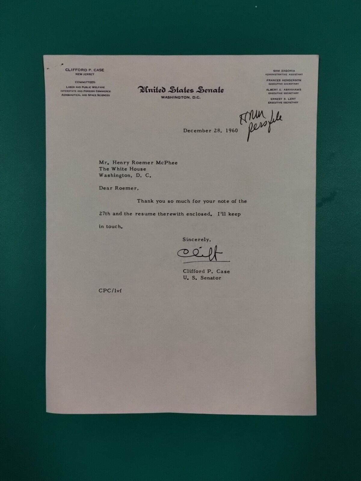 Clifford P. Case - US Senator New Jersey Autographed Political Letter 1960 