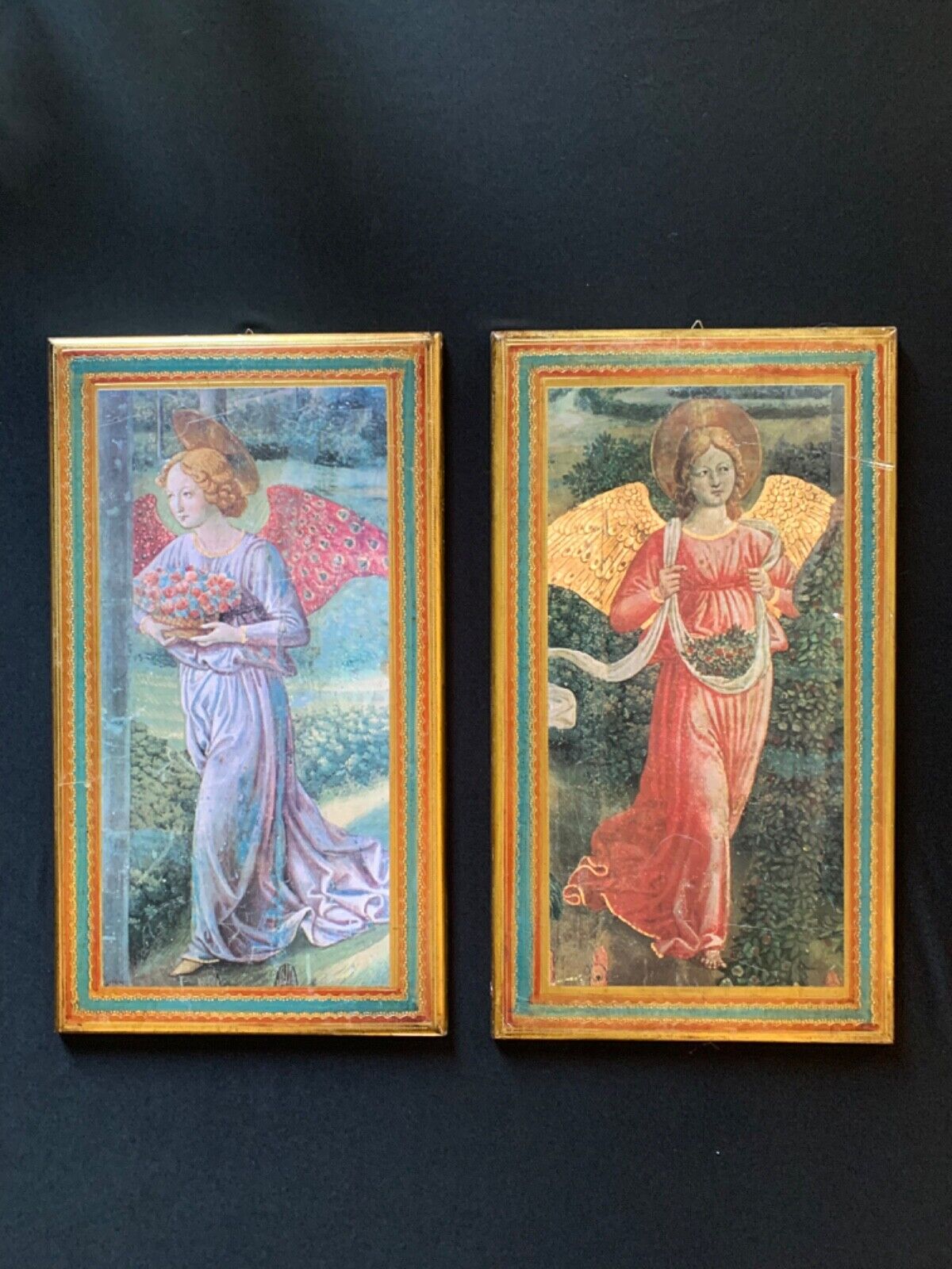 Vintage Italian Florentine Religious Angels Wood Diptych Panels Antique