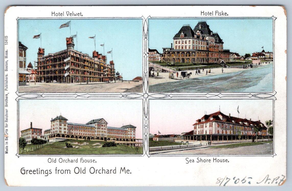1905 GREETINGS FROM OLD ORCHARD BEACH MAINE COPPER WINDOWS POSTCARD SACO PM