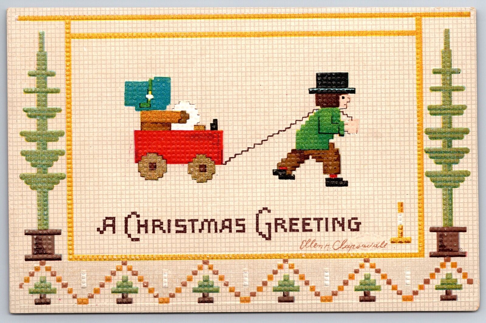Ellen H Clapsaddle Christmas Cross Stitch~Boy Pulls Sister In Red Wagon~Trees