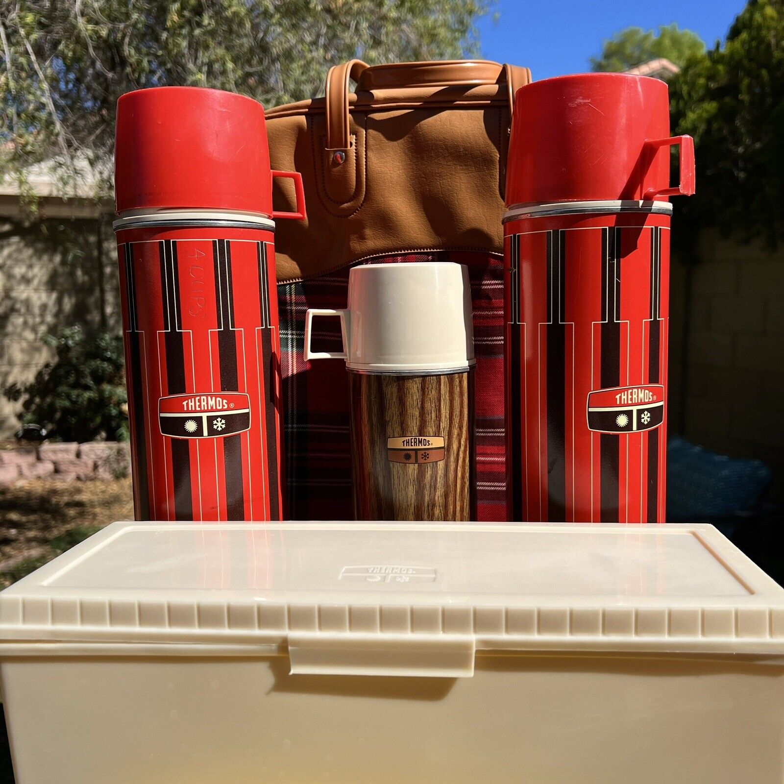Vintage 70’s Thermos Picnic Lunch Red Plaid Bag Set King Seeley Plus 3 Bottles