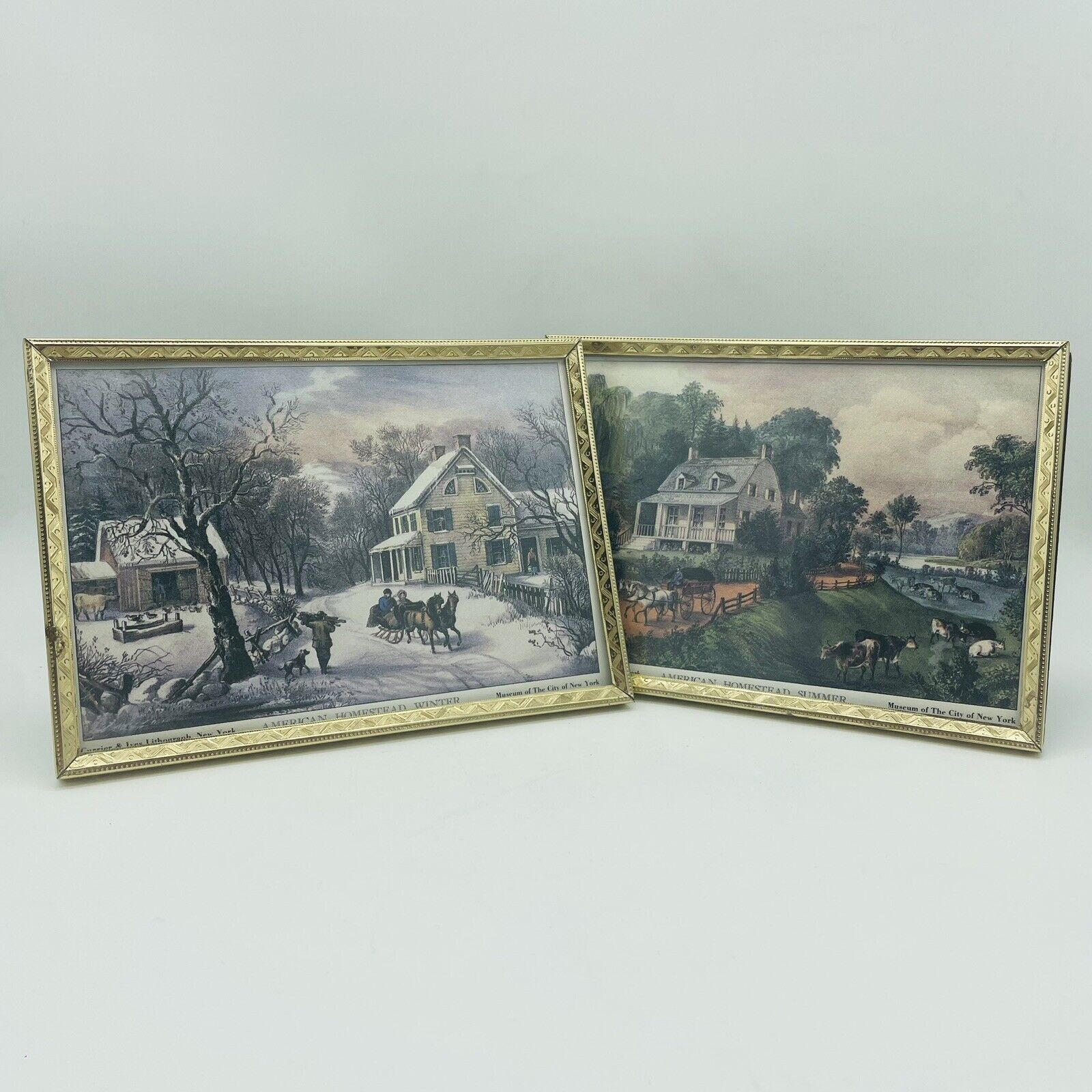 2 Vintage Antique American Homestead Summer And Winter Painted Art