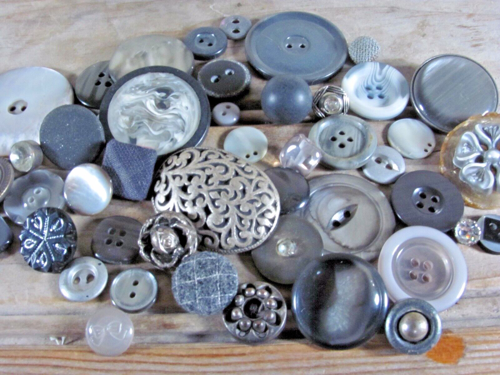 VTG Lot of 45+ gray buttons fancy plastic cloth metal mother of pearl flowers +