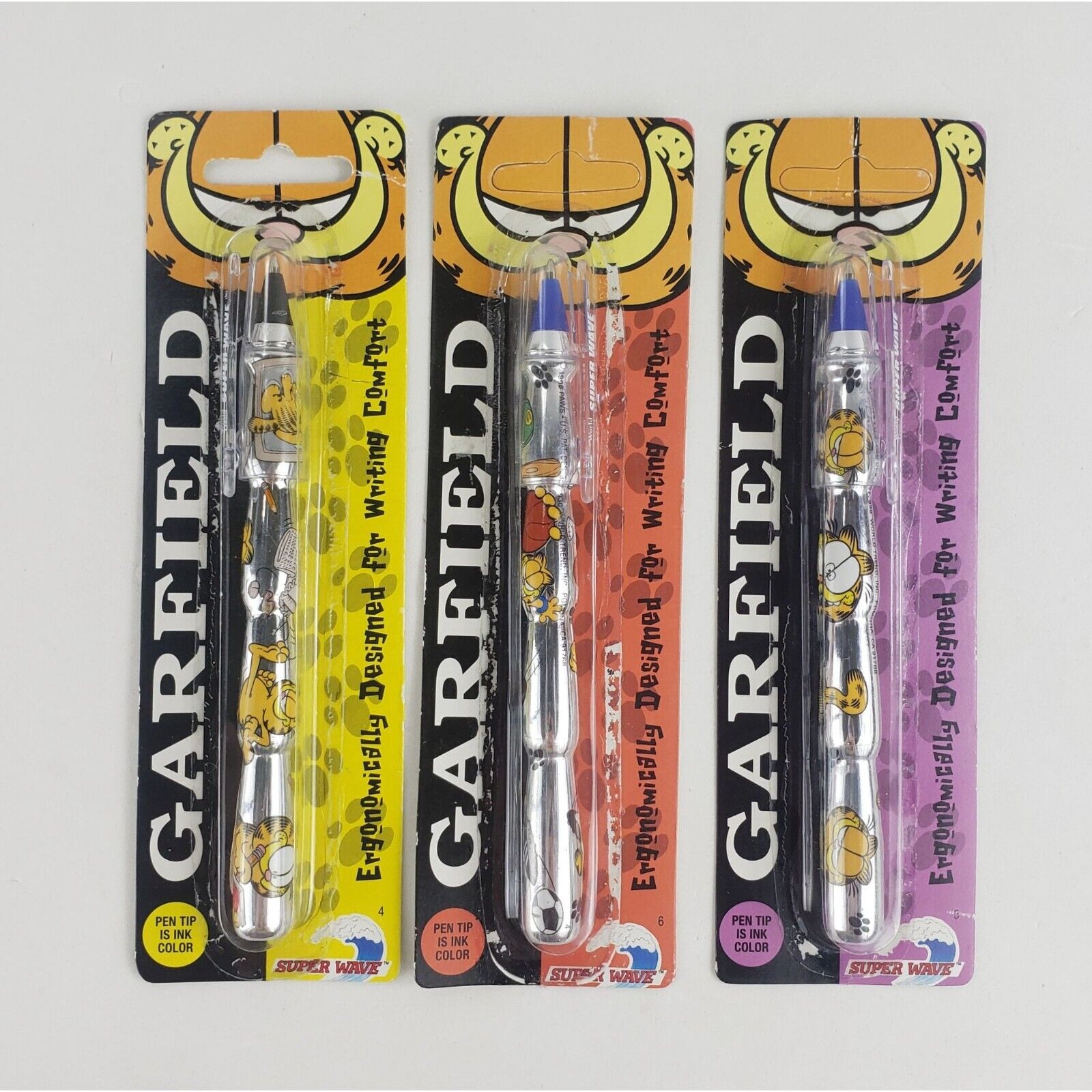 3 Vintage Garfield Super Wave Ergonomical Design Pens by World Trend in Package