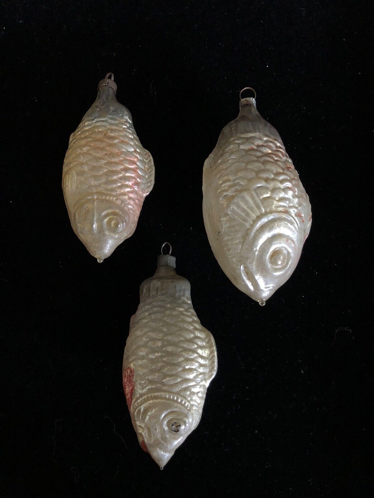 Lot Of 3 Antique Vintage Blown Glass Embossed FISH Christmas Ornament Germany