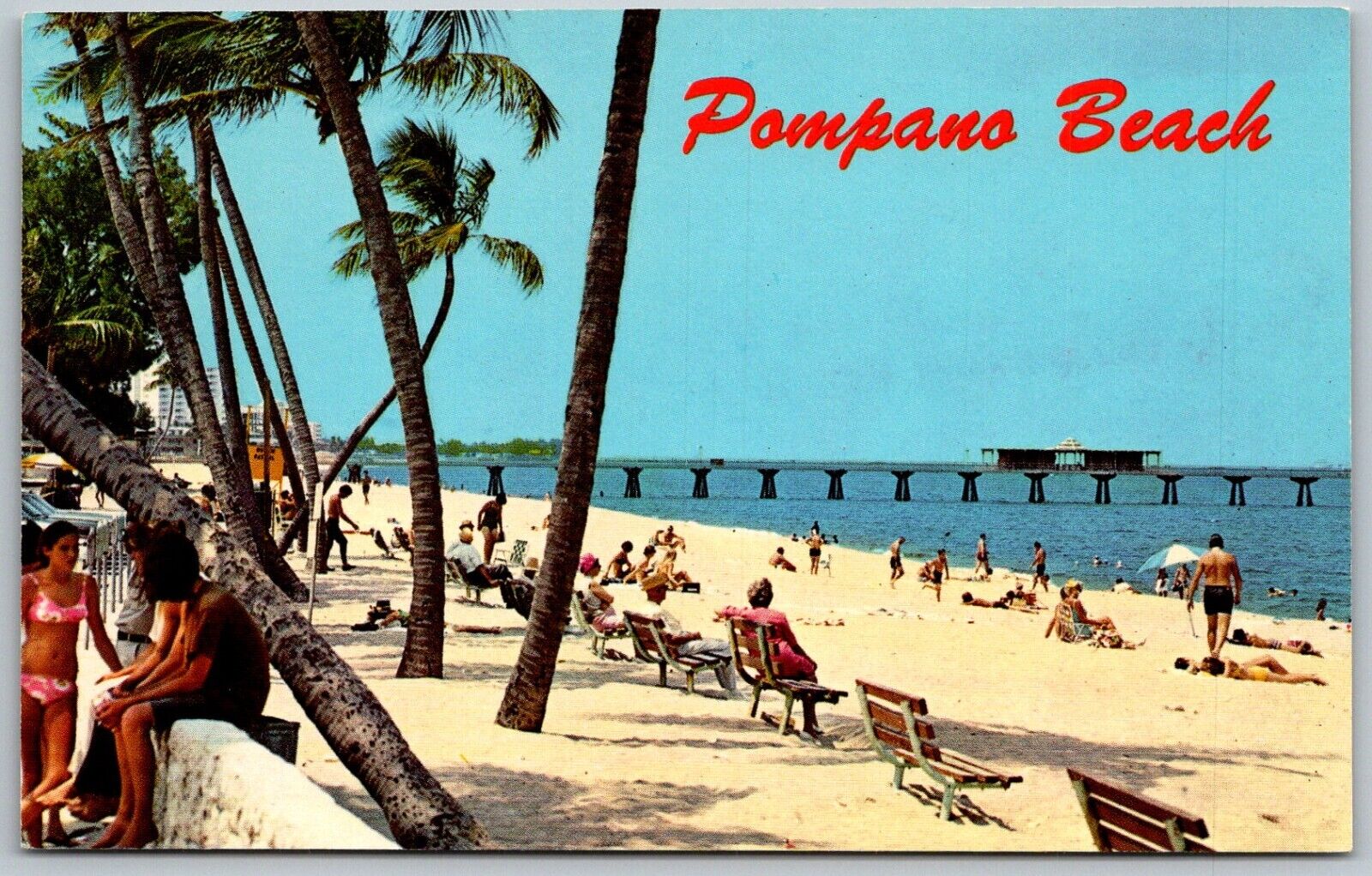 Pompano Beach Florida 1970s Postcard View Beach Sand Ocean Pier