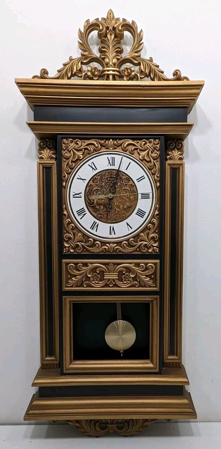 Vintage 1969 SYROCO Model 1555 Rococo Pendulum Wall Clock Black Gold McM Decor 