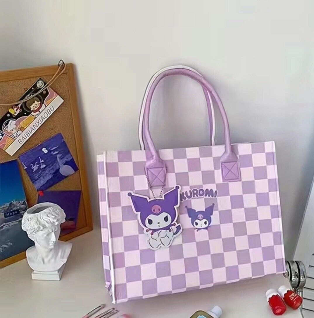 Kuromi Tote Bag Sanrio Miniso Kawaii Purple Reusable New Checkered