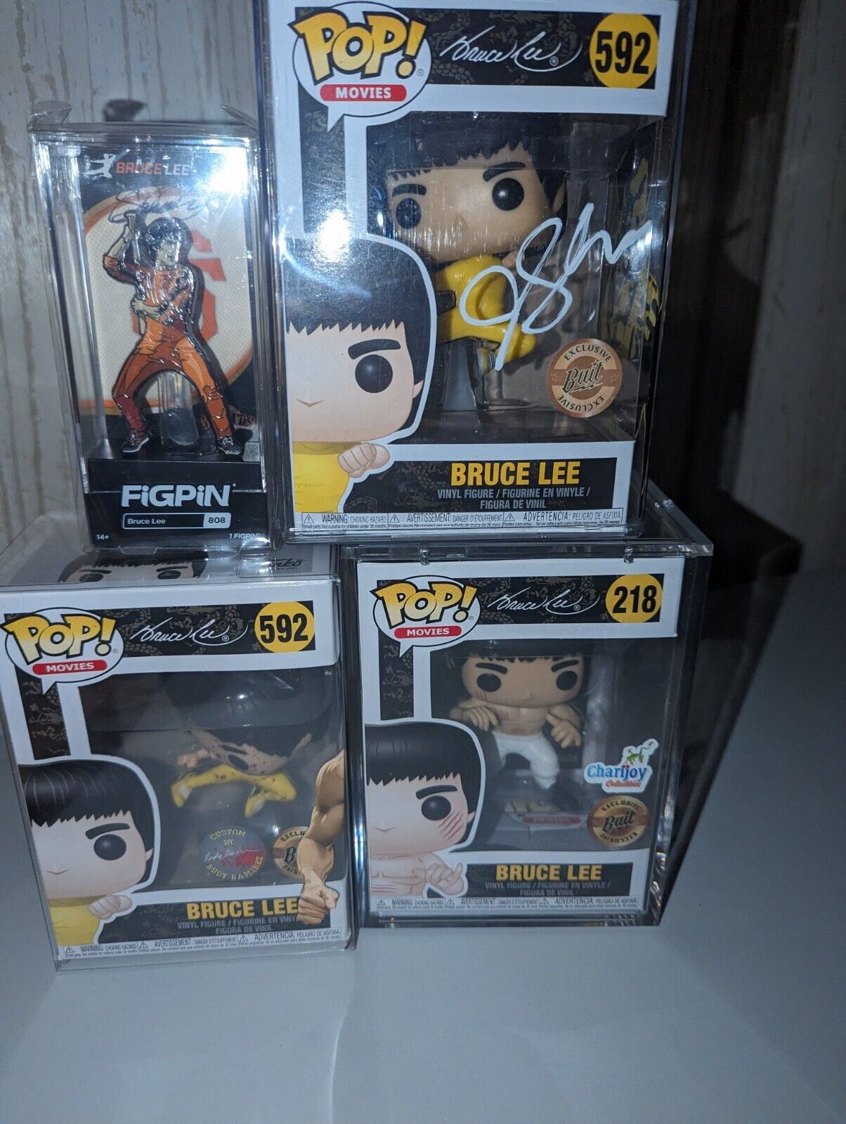 Bruce Lee Funko Signed Lot And Custom Insert And Boxes / Signed Fig Pin Also