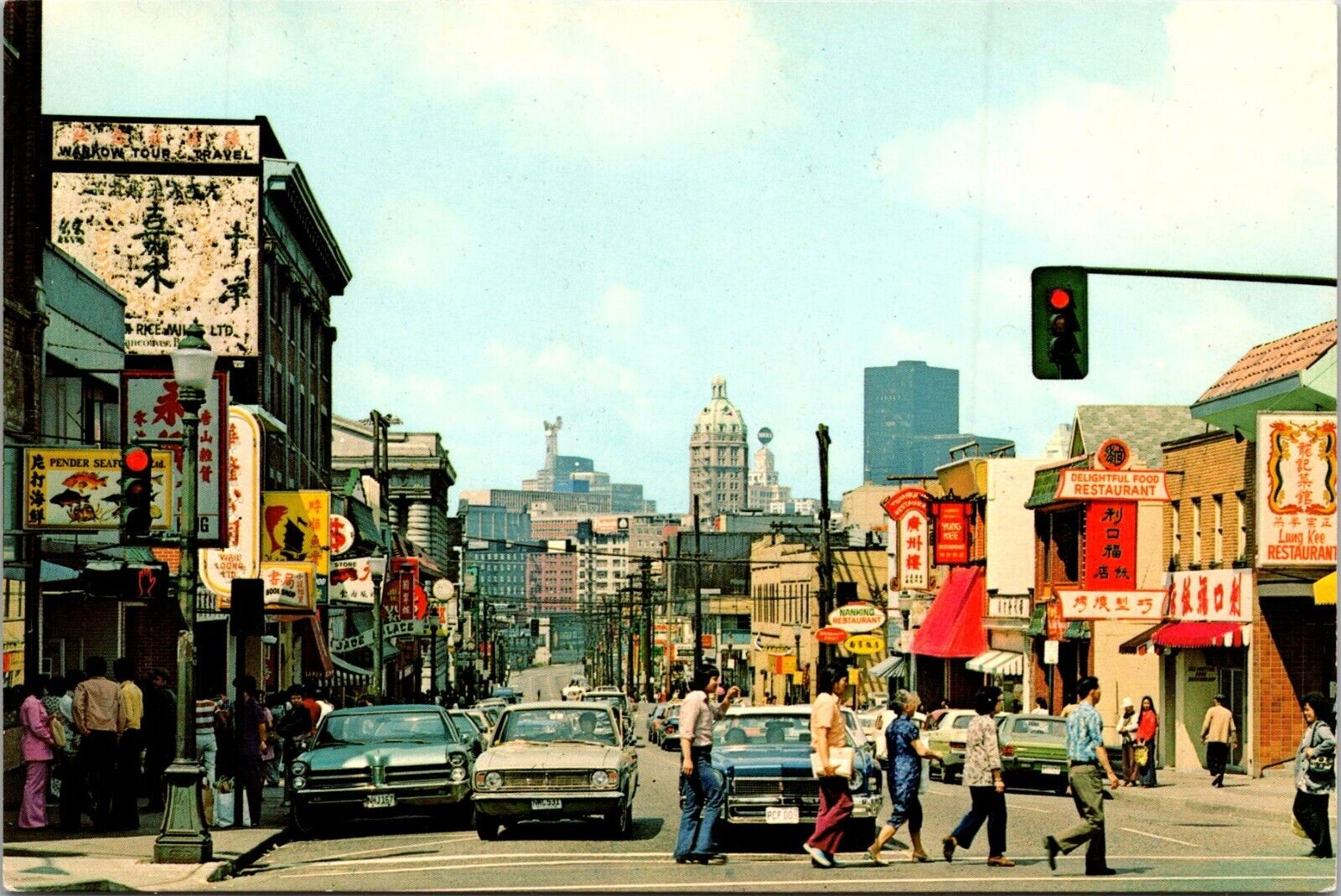 Chinatown Vancouver, B.C., Canada Postcard Street Scene Old Cars, Signs, People