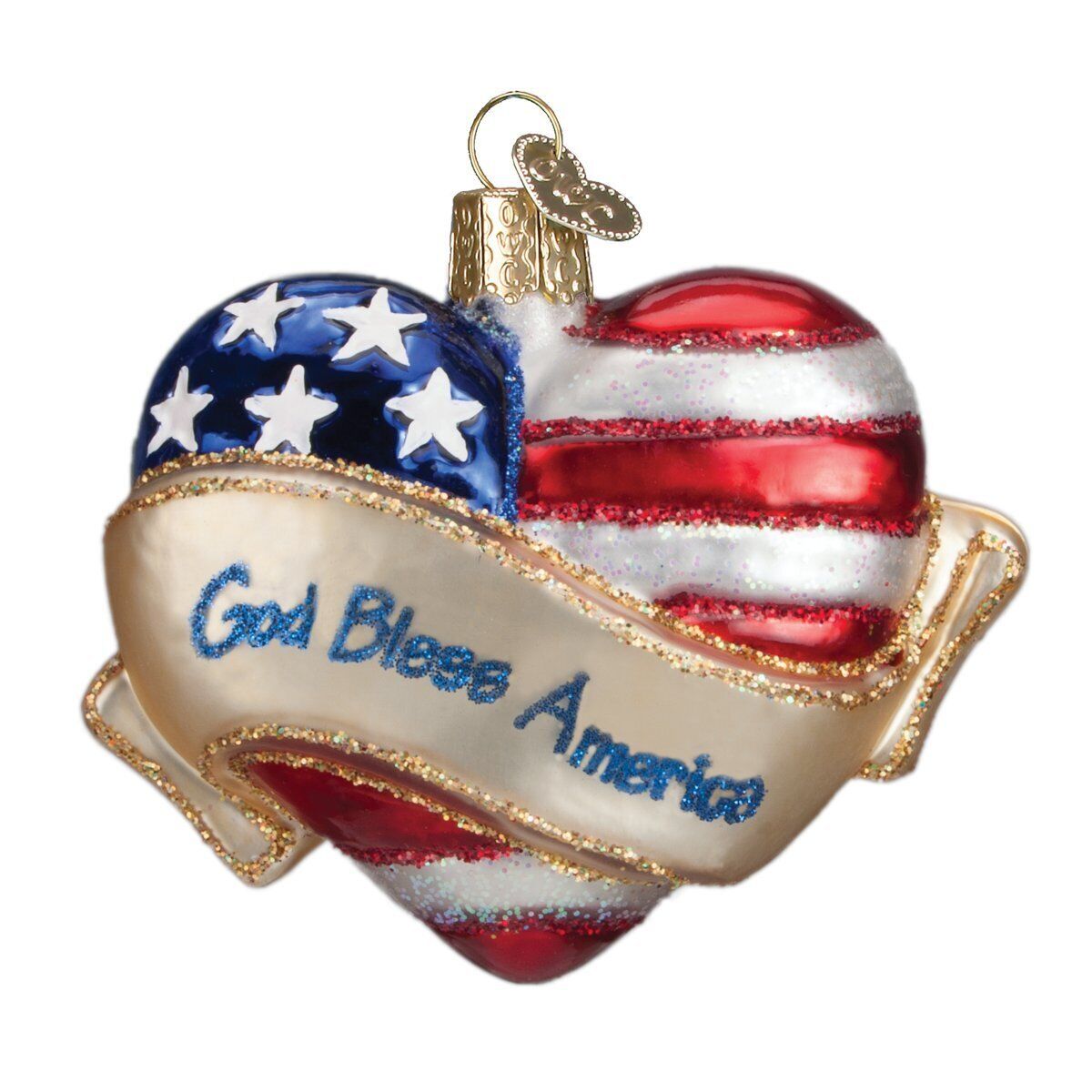 Old World Christmas Glass Ornament God Bless America Heart (With OWC Gift Box)