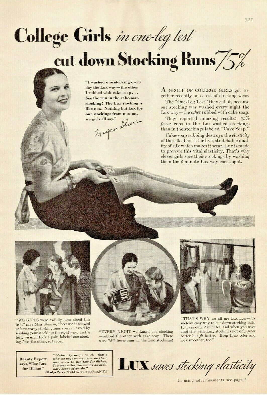 1933 Lux Detergent Vintage Print Ad College Girls Cut Down Stocking Runs 