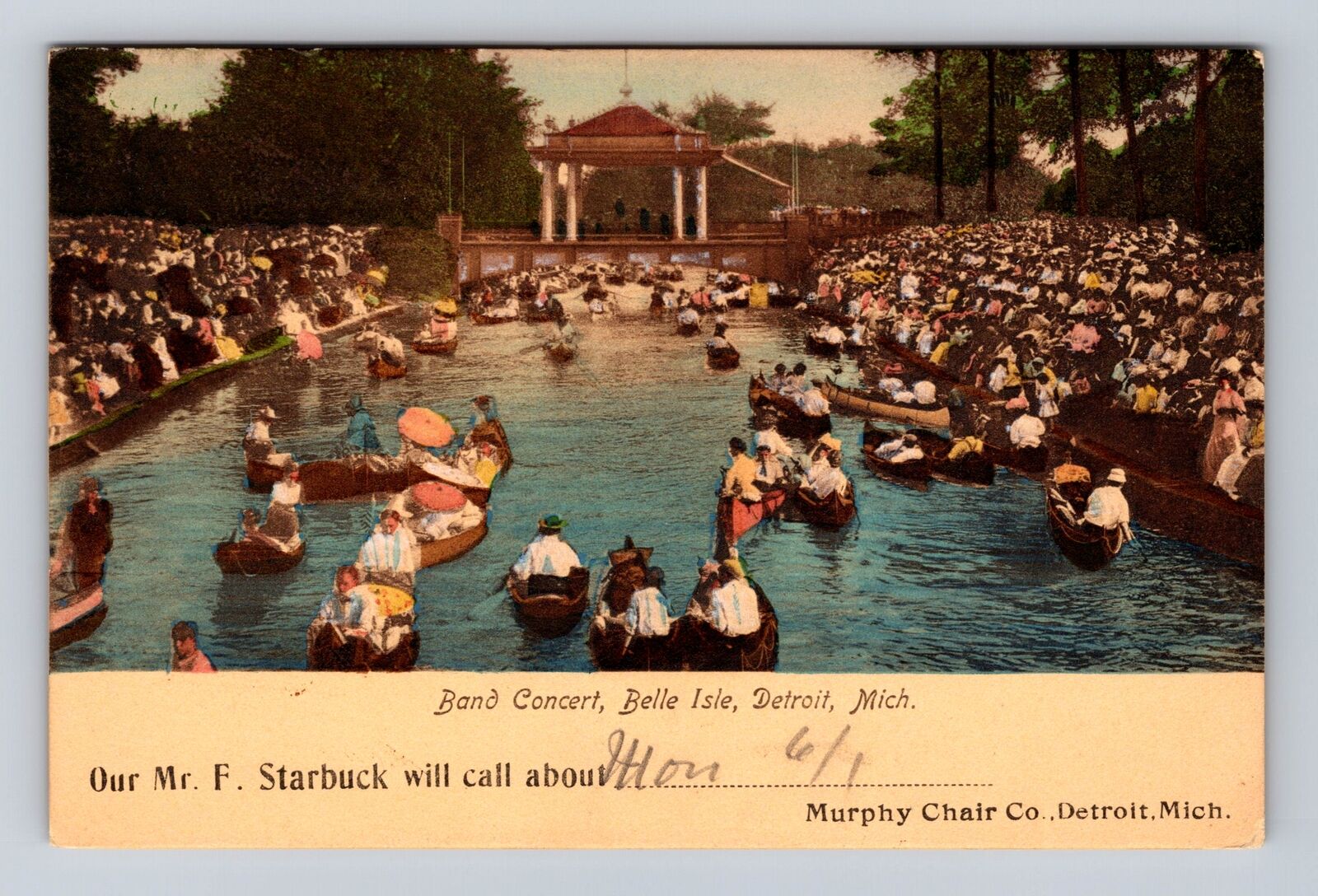 Detroit MI-Michigan, Band Concert, Belle Isle, Antique, Vintage c1908 Postcard
