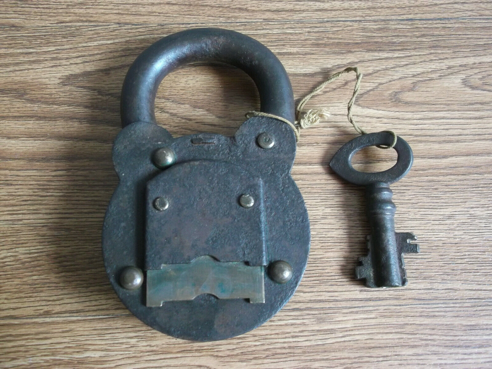 Rare antique big size double chamber iron lock with two face key made in Germany