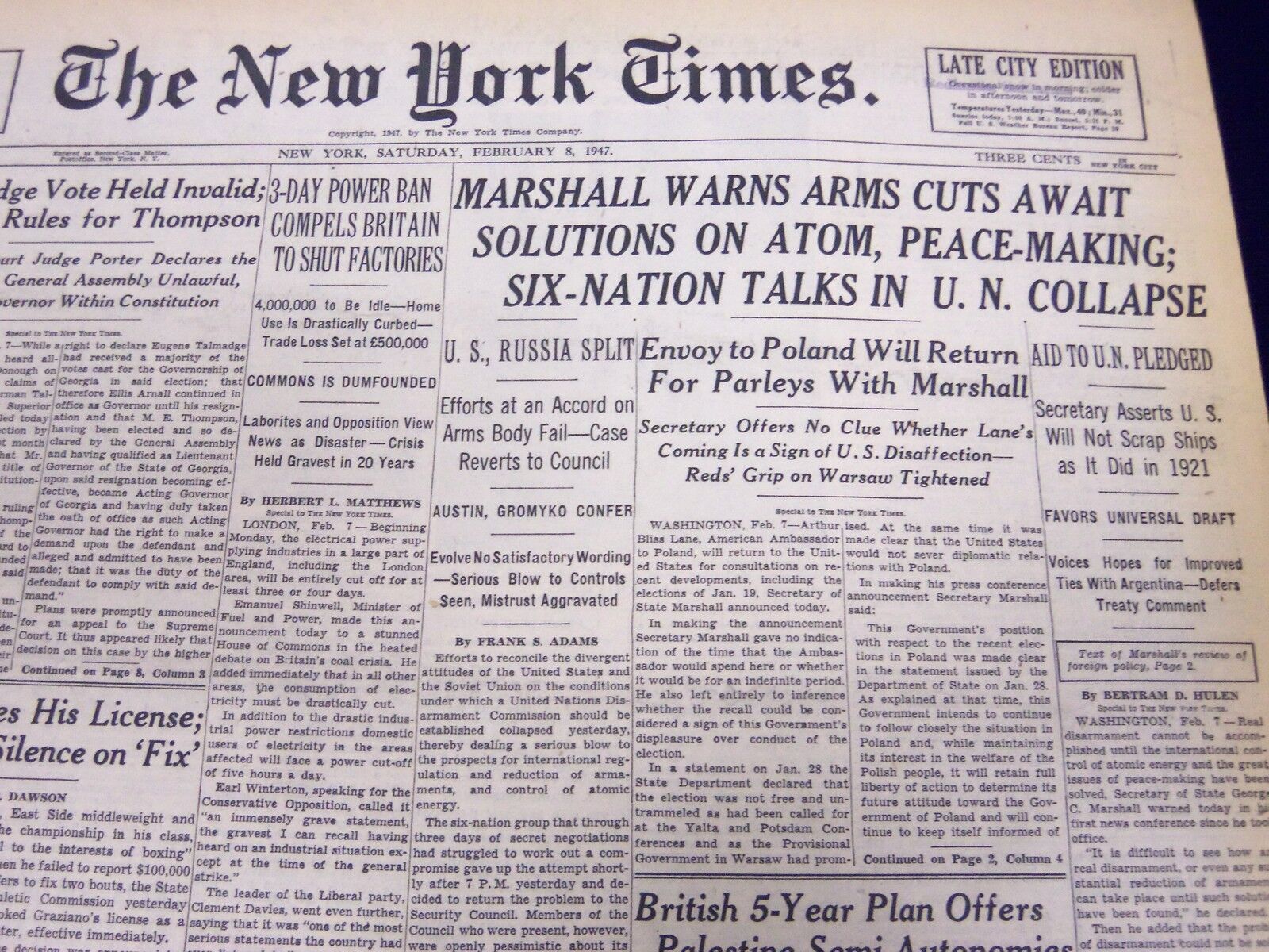 1947 FEB 8 NEW YORK TIMES - MARSHALL WARNS ARMS CUTS AWAIT SOLUTIONS - NT 104