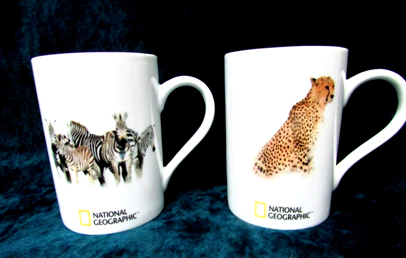 National Geographic 2004 Home Collection Mugs Set of 2 Zebras & Cheetah Thailand