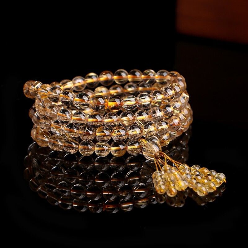 TOP GRADE & Natural Gold Rutilated Quartz 108pcs Round Beads Crystal Bracelet