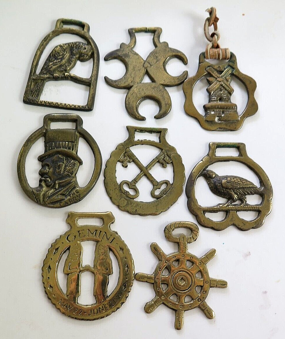 Lot of 8 Brass Horse Medallions 2 Birds, Windmill, Ships Wheel, Keys, Gemini ETC