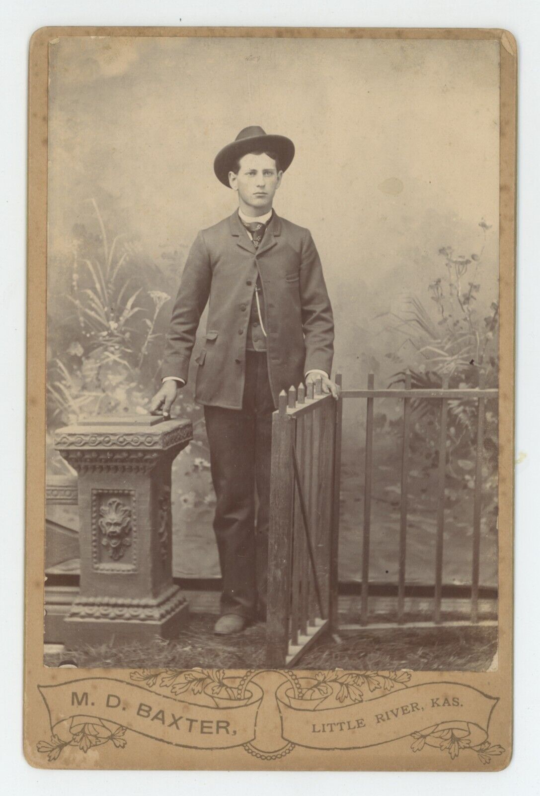 Antique Circa 1880s Cabinet Card Handsome Man Suit Hat Baxter Little River, KS