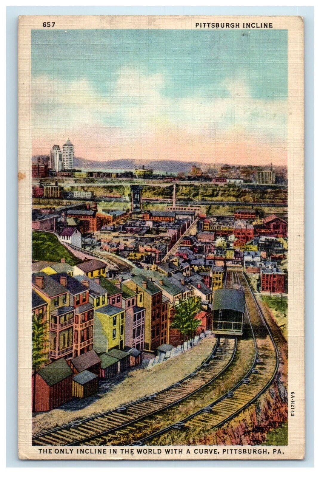 1939 Pittsburg PA, Bird\'s Eye View Incline With A Curve Railway Train Postcard