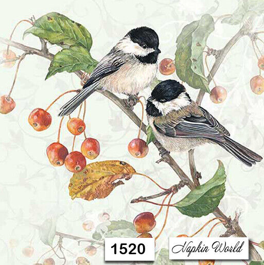 (1520) TWO Individual Paper Luncheon Decoupage Napkins - CHICKADEE BIRD AUTUMN