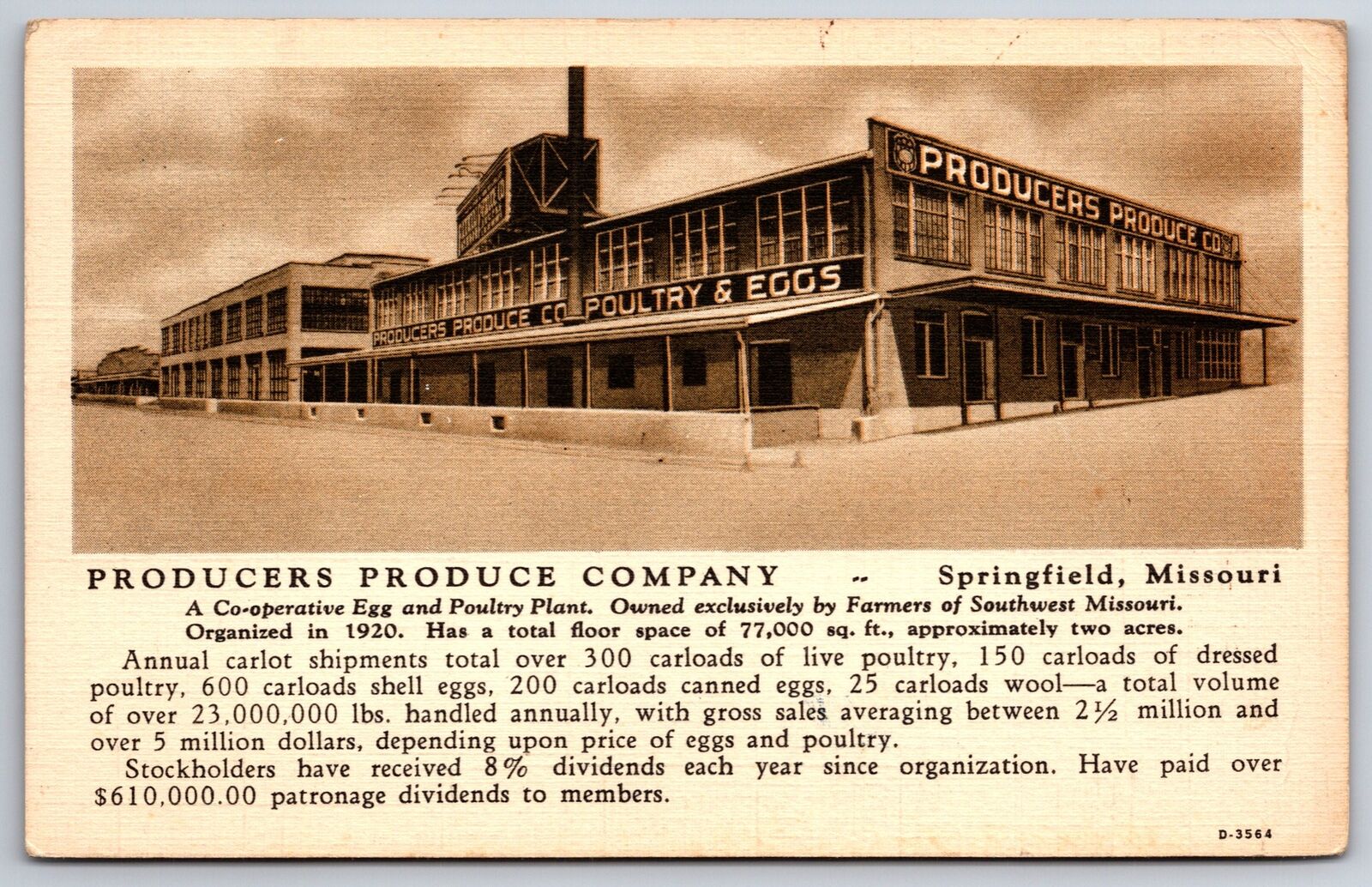Springfield Missouri~Producers Produce Co~Poultry & Eggs~1944 Sepia Postcard