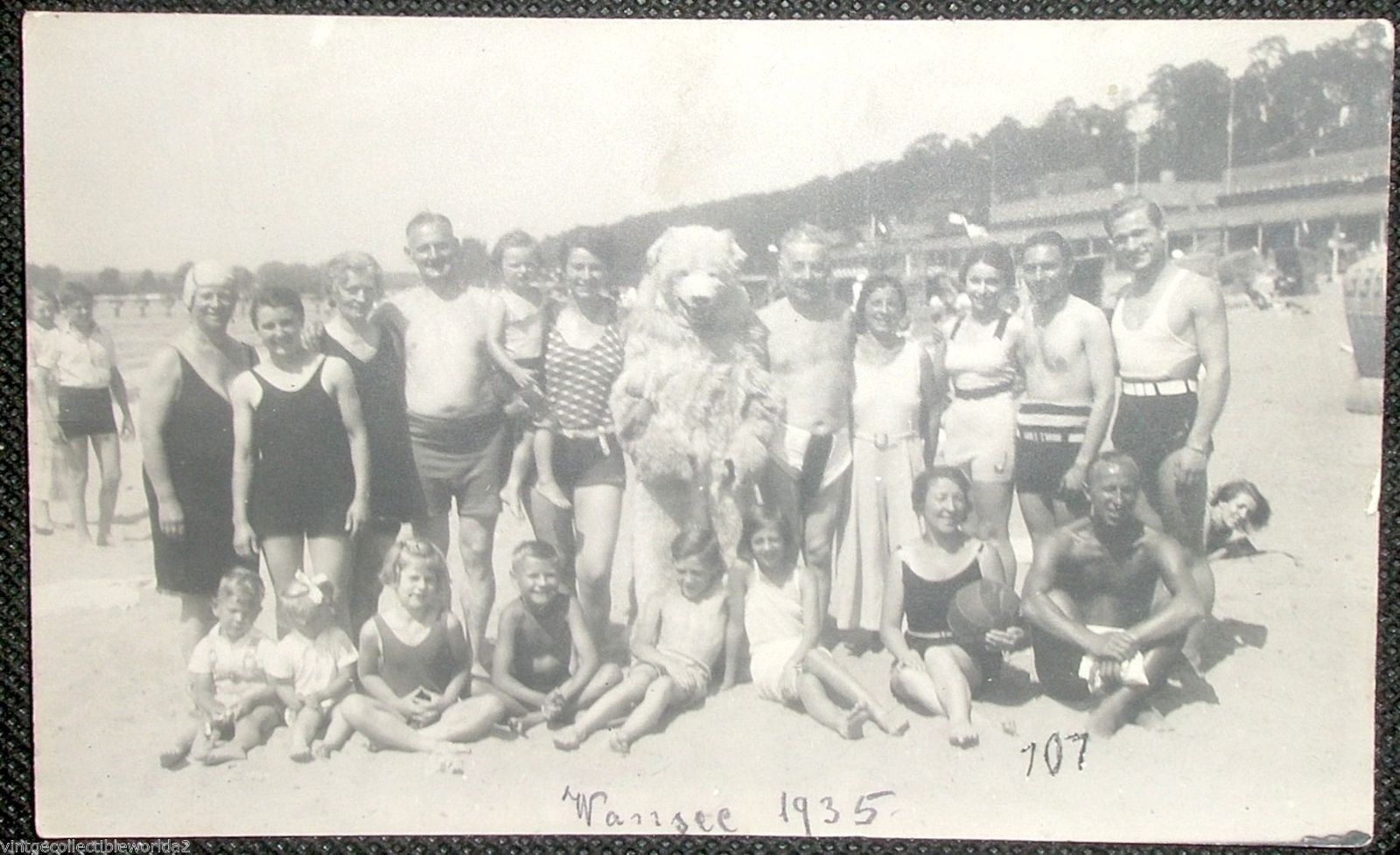 Vintage Postcard - RPPC  Beach Bathing Suits Bear Mascot Group Photograph