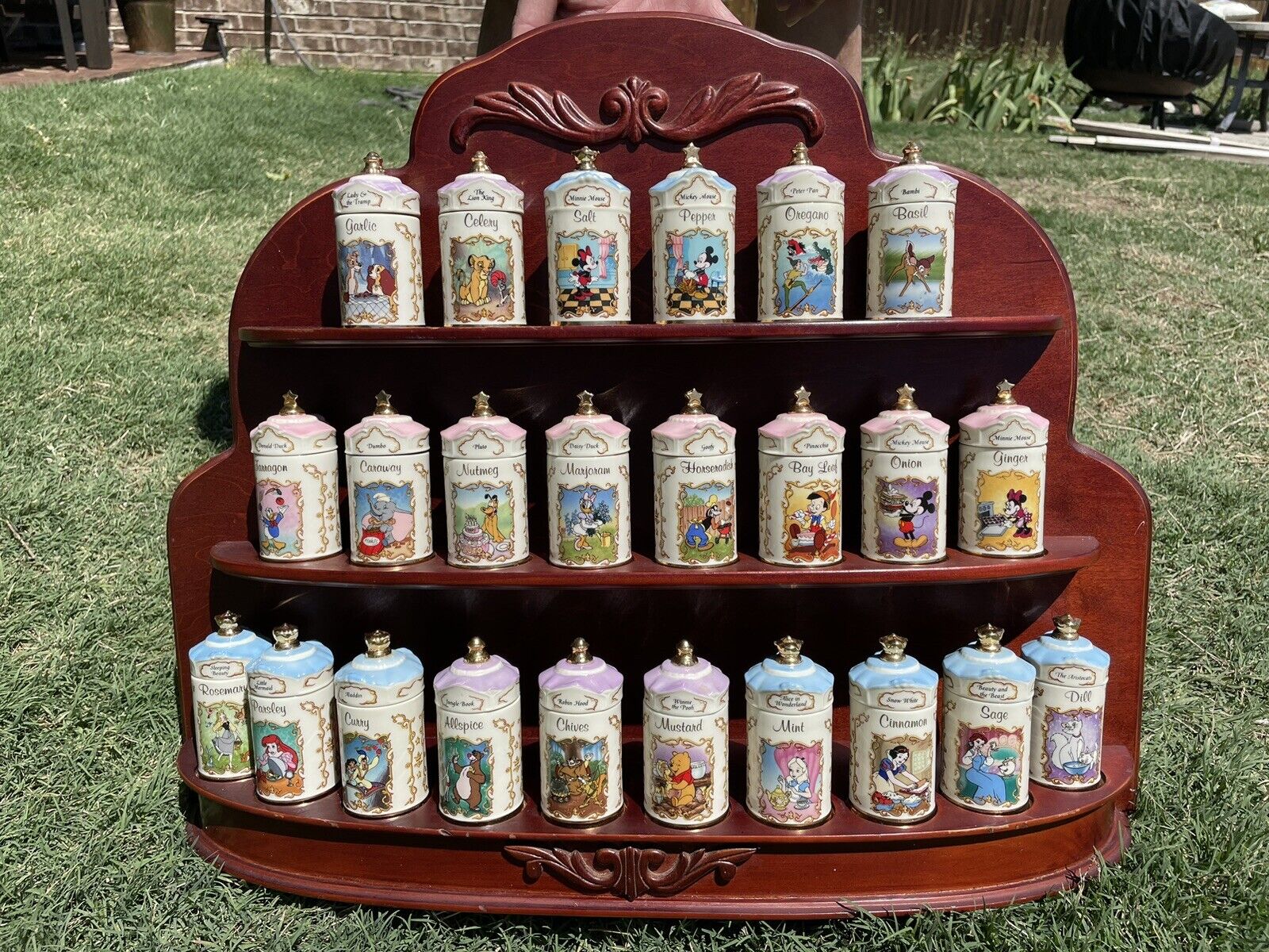 VTG Set 24 types Walt Disney Spice Jar Collection Lenox 1995 wodden Rack