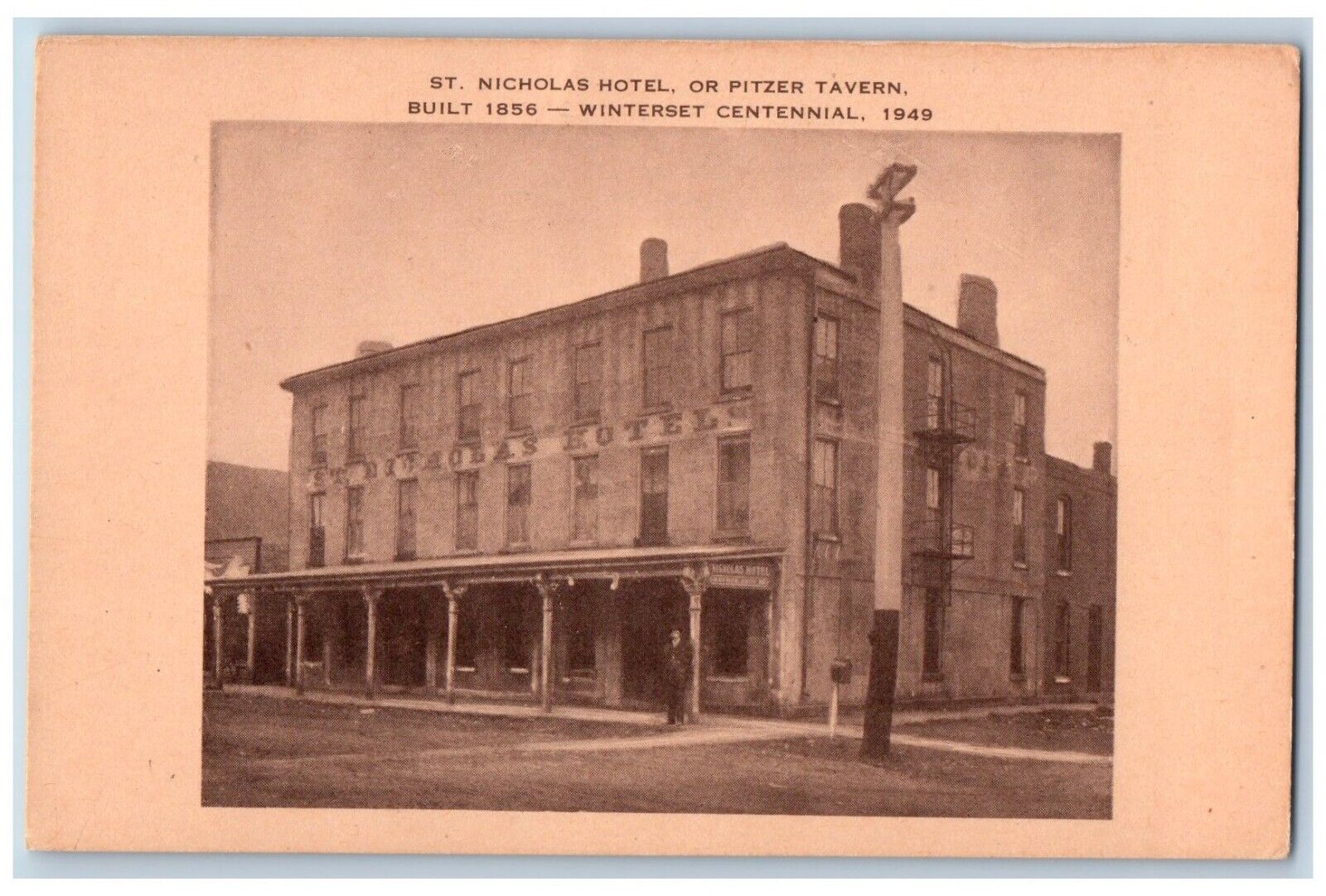Winterset Iowa Postcard St. Nicholas Hotel Pitzer Tavern Centennial Artvue c1940