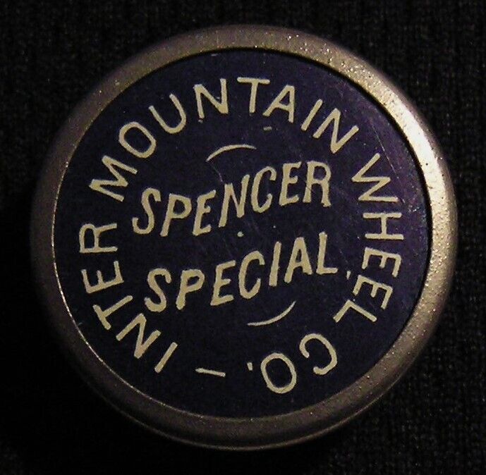 1890\'s INTER MOUNTAIN WHEEL SPENCER SPECIAL BICYCLE ADVERTISING BUTTON STUD PIN