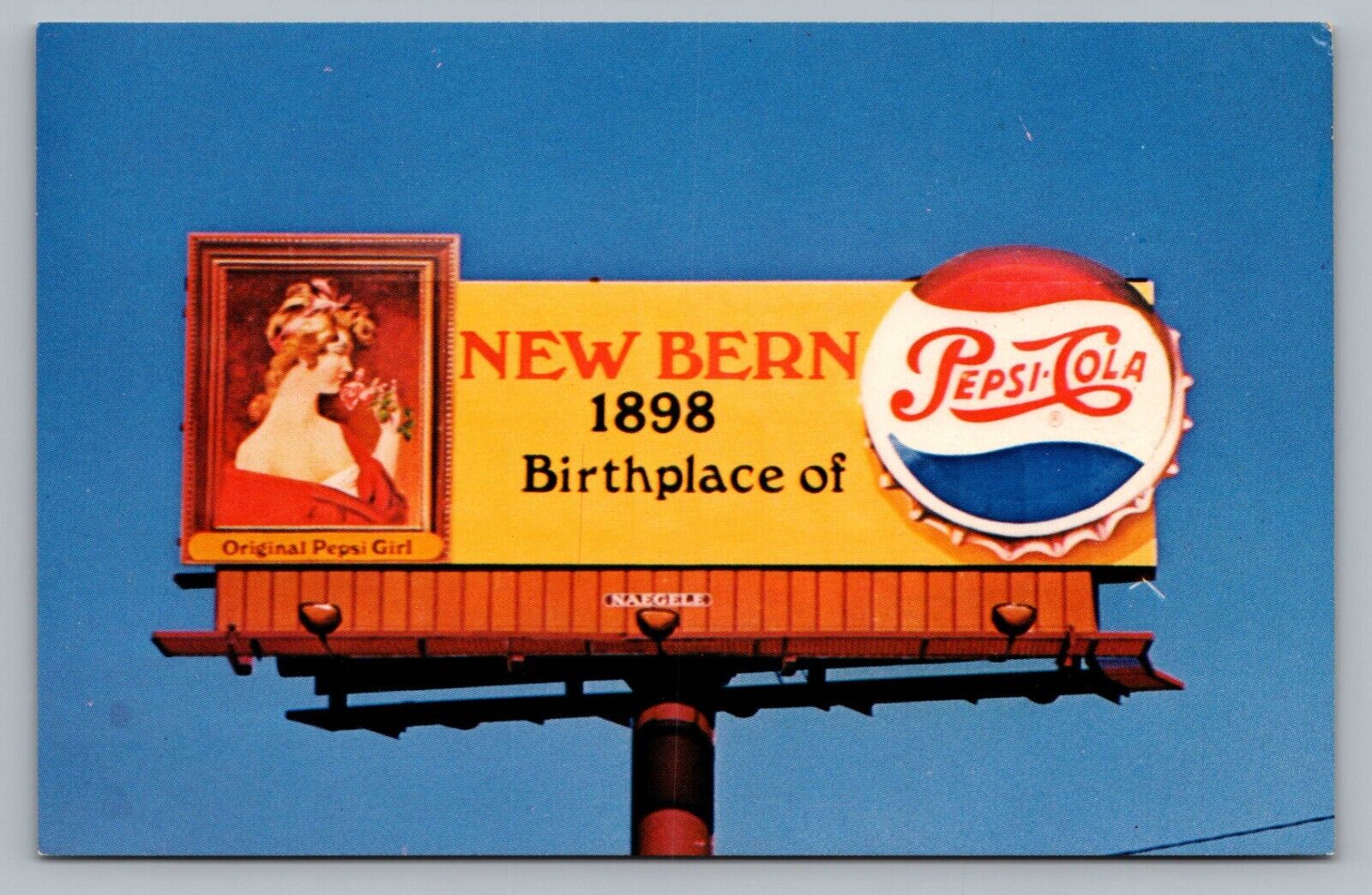 New Bern NC Pepsi Cola Billboard Advertisement Girl Bottle Cap Postcard Vtg F6