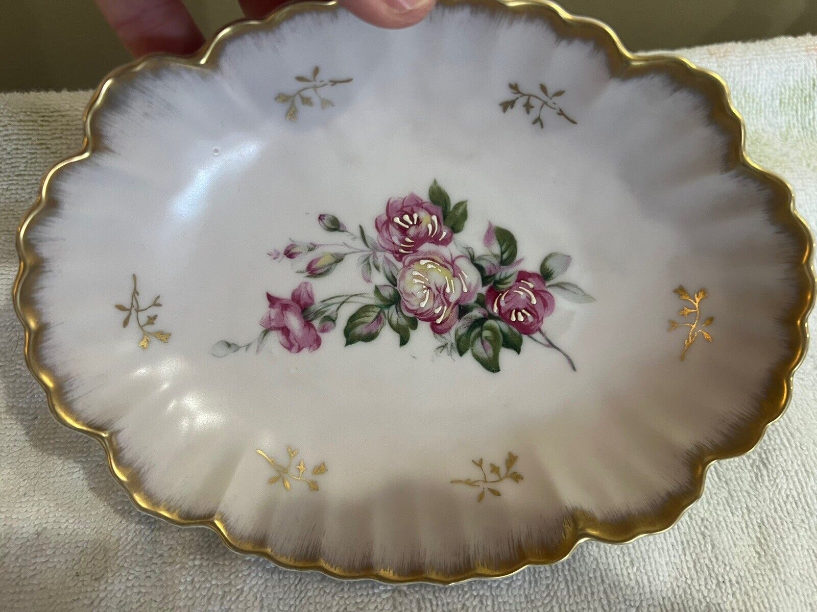 Vintage Handpainted Oval Lefton Trinket Dish, Pink With Gold Trim