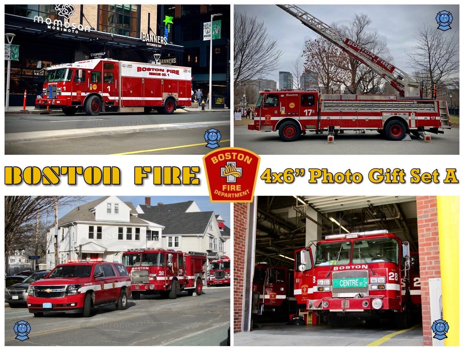 Boston Fire Dept 4x6” Photo Print Gift Set A Rescue 1 Engine 28 Lot Of 4 Art MA