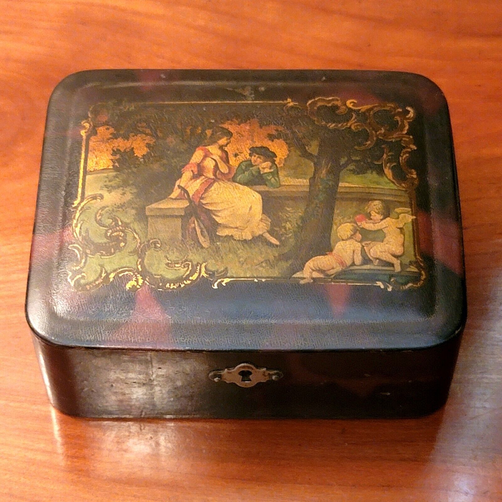 Antique Painted Papier Mache Courting Scene Box With Putti 