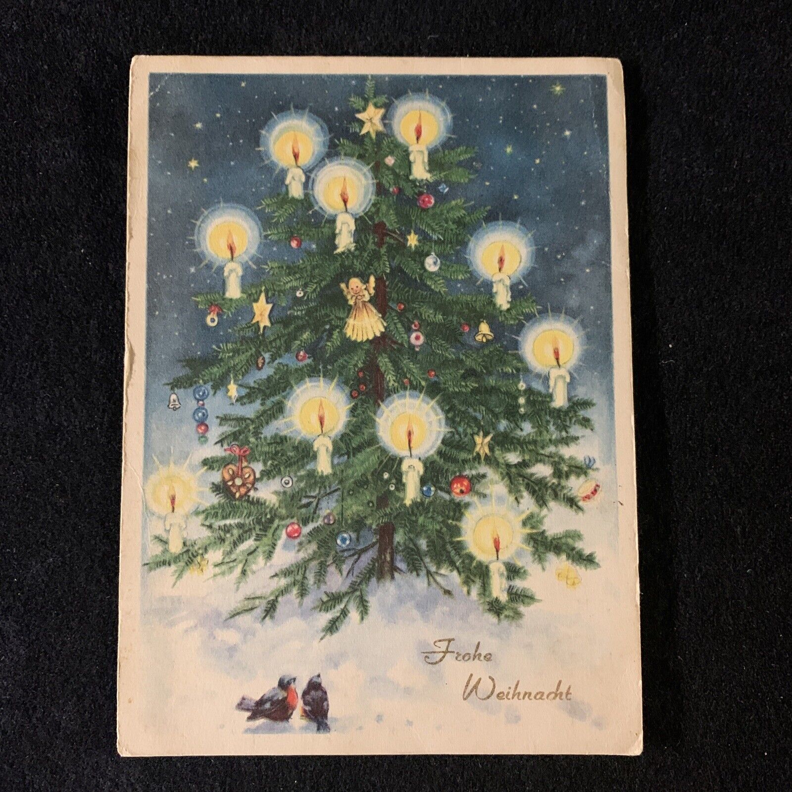Vintage Merry Christmas In German Frohe Weihnacht Postcard Tree Angel Robins