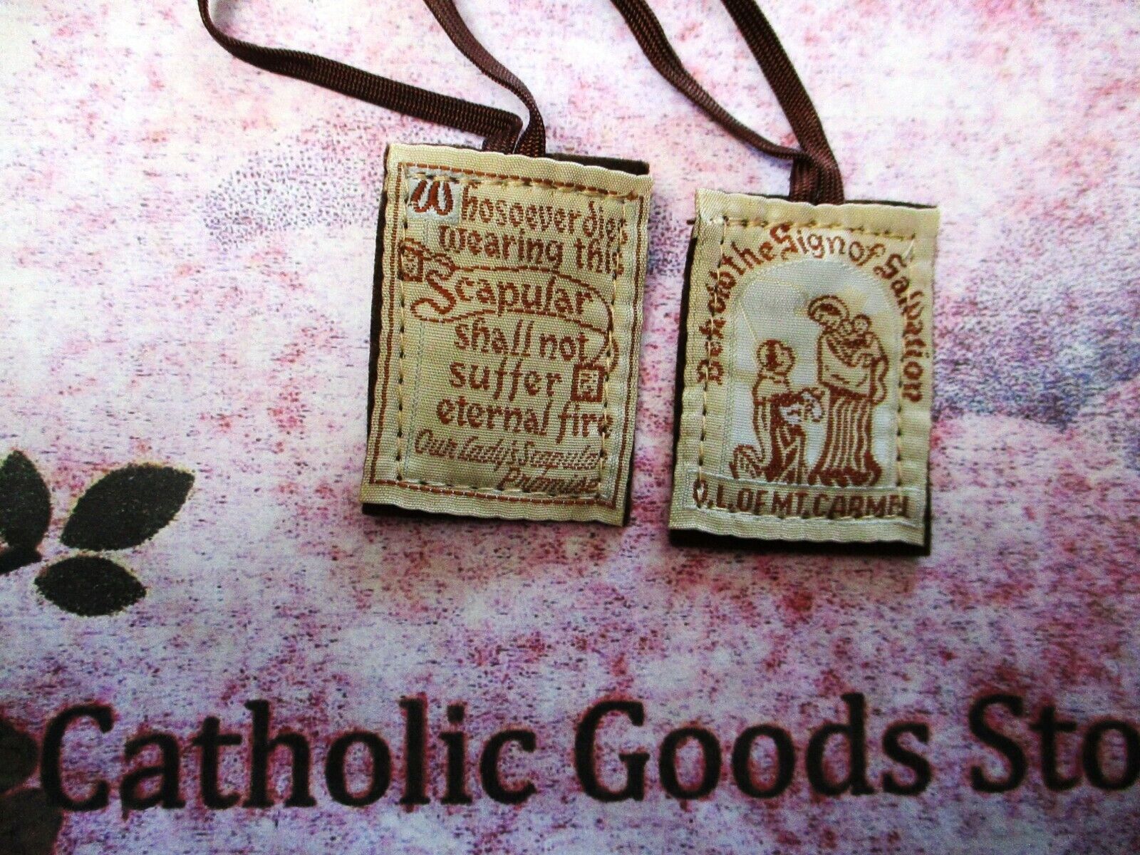 Our Lady of Mt Carmel Brown Scapular w/ Our Ladies Promise w/ Brown Straps