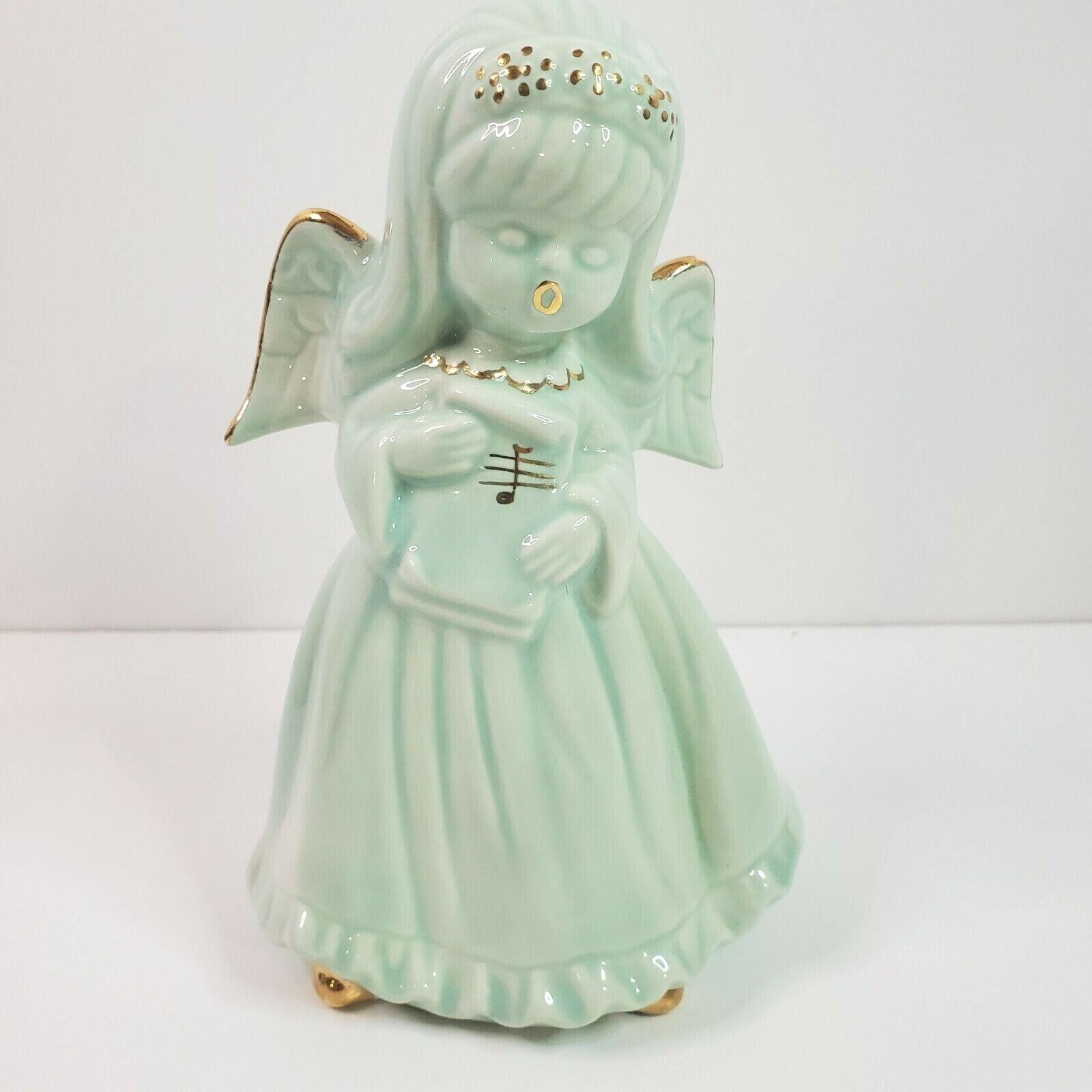 Vintage Mid Century Aqua Gold SInging Angel Figurine Holding Music Eyes Closed