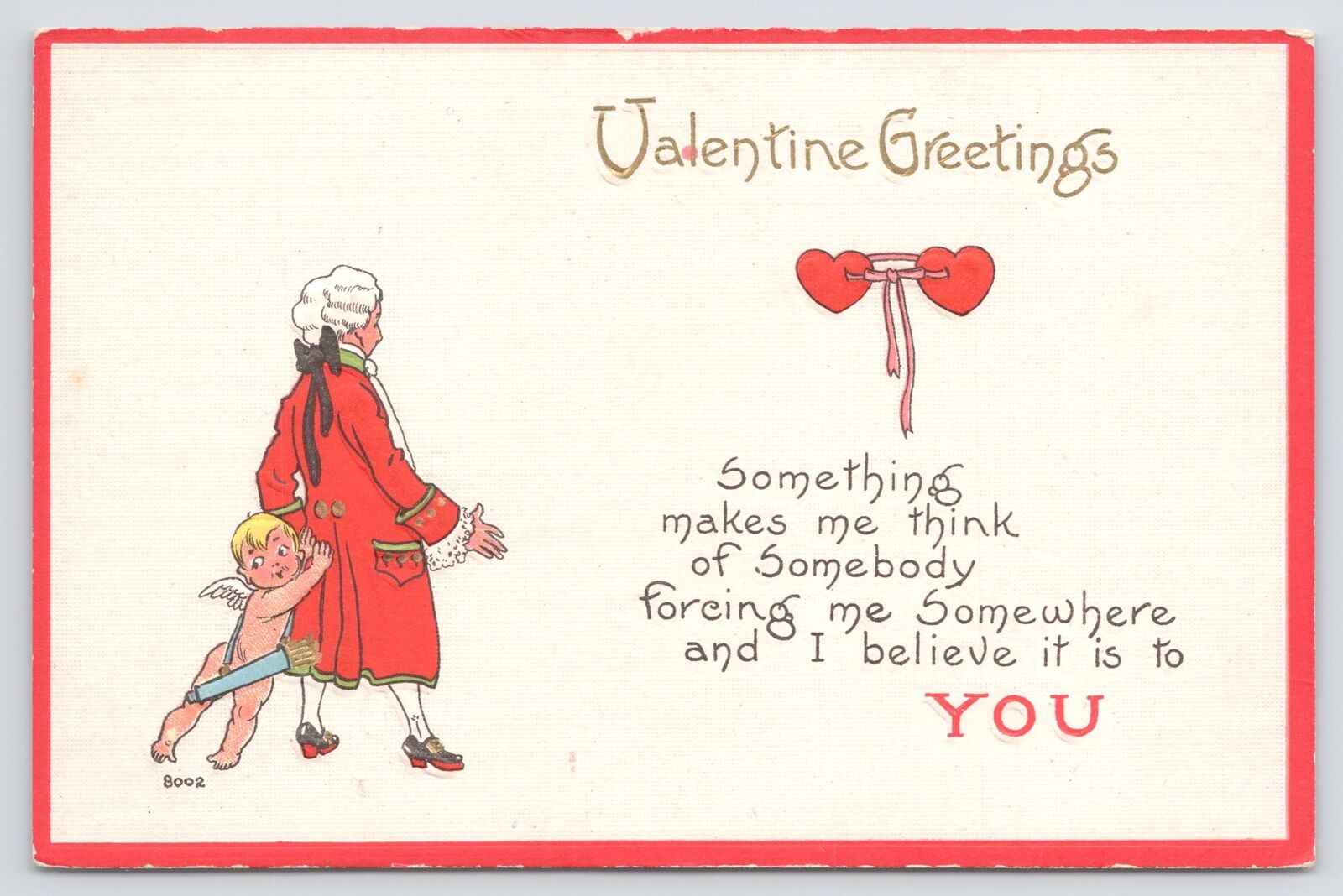 Linen~S Bergman~c1913~Valentine Greetings~Double Hearts~Cupid~Britishman~Vintage