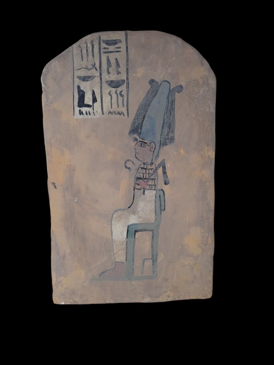UNIQUE ANTIQUE ANCIENT EGYPTIAN Seated Osiris Wood Stela Luck Hieroglyphic