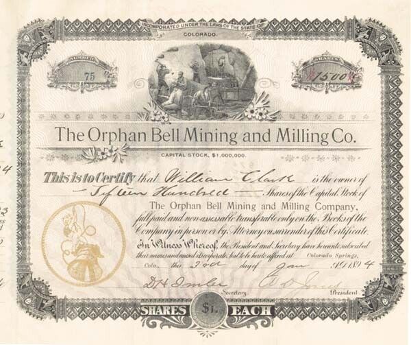 Orphan Bell Mining and Milling Co. - Stock Certificate - Mining Stocks