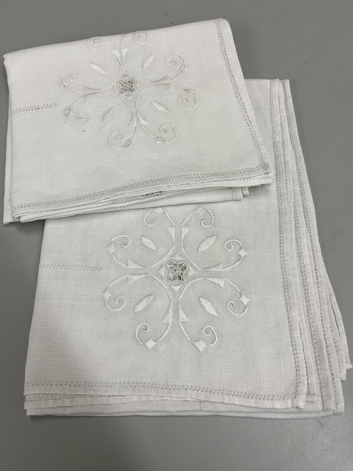 PAIR Vintage White Linen Embroidered Drawn Thread Table Runners/Dresser Scarves
