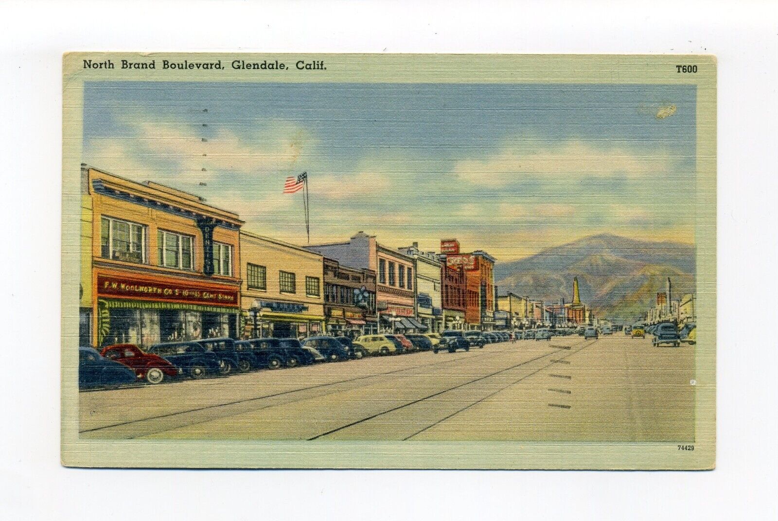 Glendale CA 1948 linen postcard, North Brand Blvd, cars, stores, Woolworth