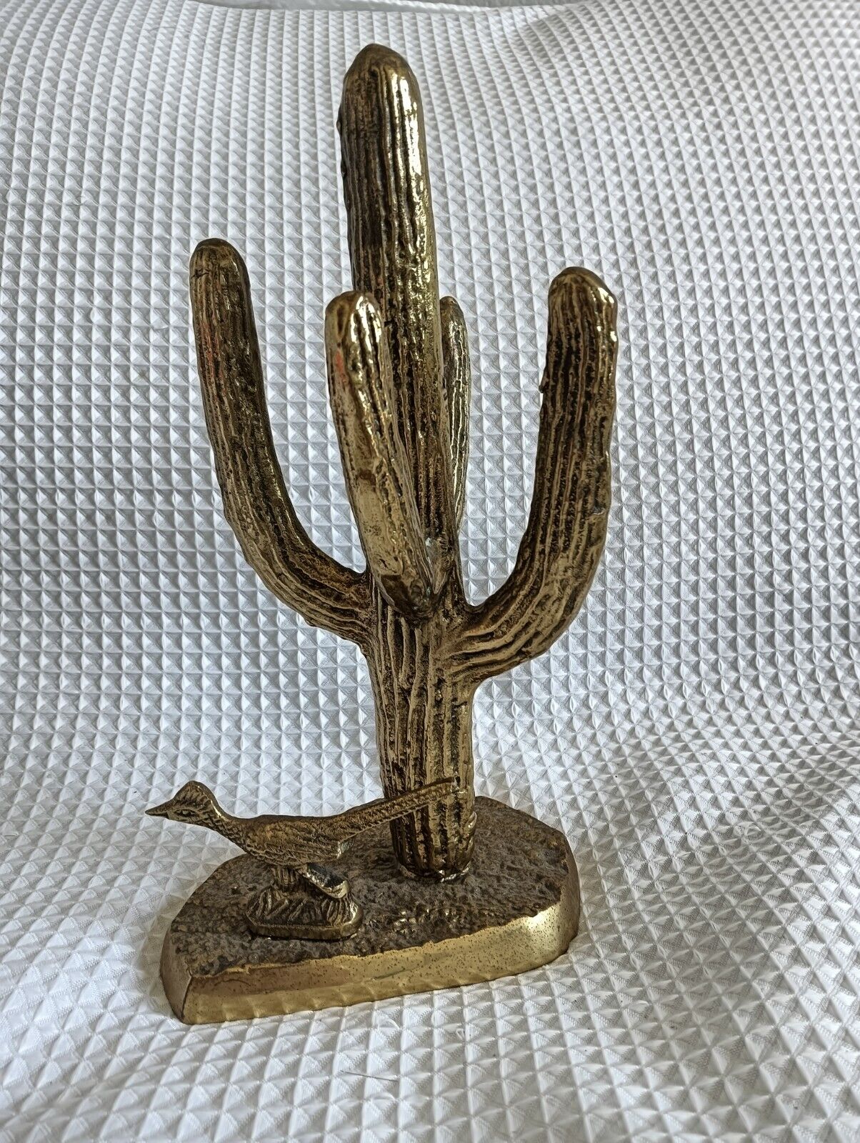 Vintage Brass Saguaro Cactus And Roadrunner Statue 10.5” tall collectible
