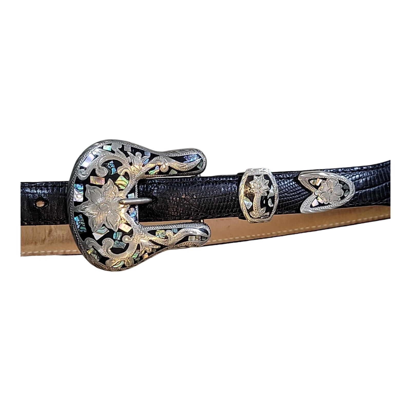 Designer Al Beres USA Southwestern Nickel Silver Inlay Concho Leather Belt Sz 27