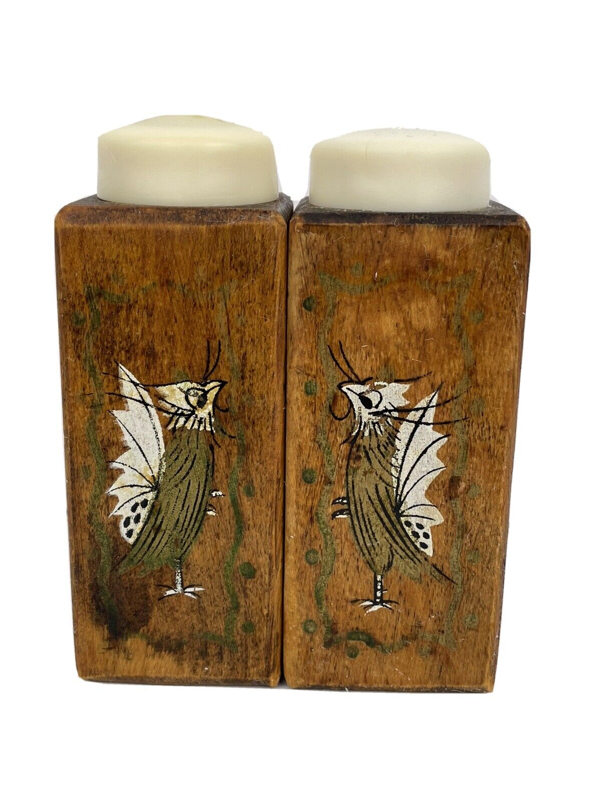 Vintage 1950’s Wood Rooster Salt Pepper Shakers Quality Woodpecker Woodware