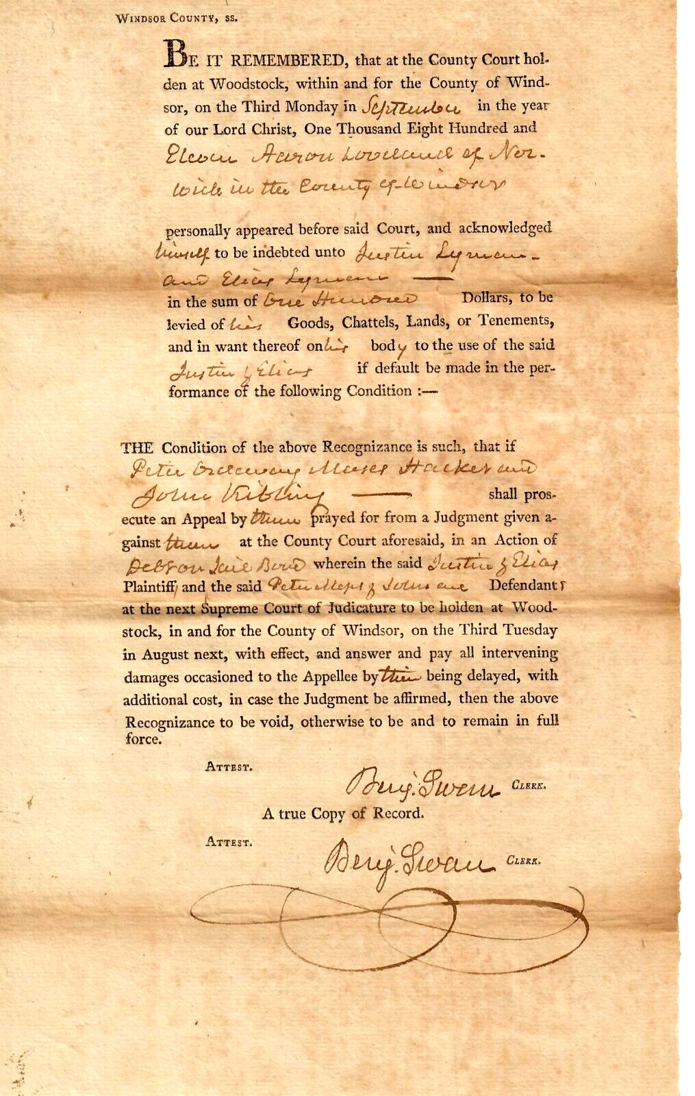 RARE “Vermont Treasurer” Benjamin Swan Hand Signed Court Document