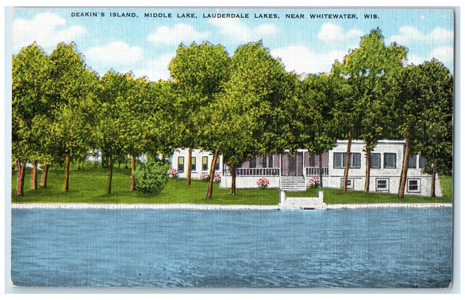c1940s Deakin\'s Island Middle Lake Lauderdale Lakes Whitewater WI Trees Postcard