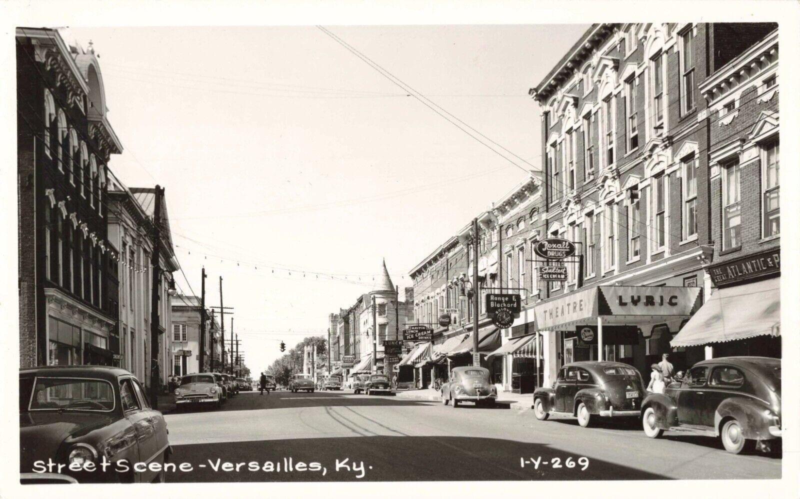 Street Scene Versailles Kentucky KY Old Cars Rexall Drugs c1950 Real Photo RPPC