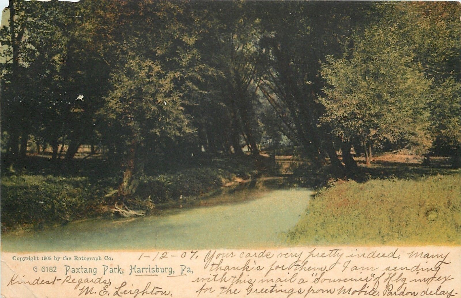 Harrisburg Pennsylvania~Paxtang Park Creek~1907 Color Rotograph Postcard
